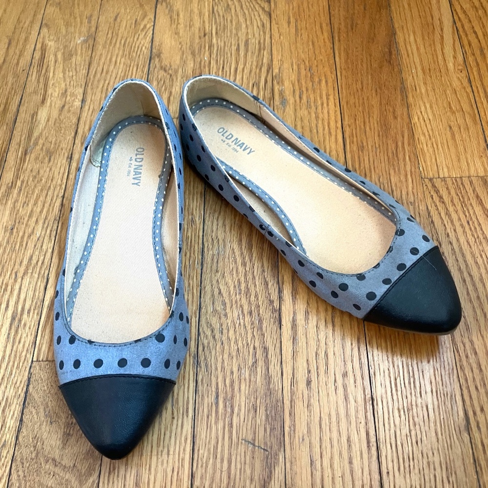 Vintage Inspired Black Polka Dots and Steel Blue Flats